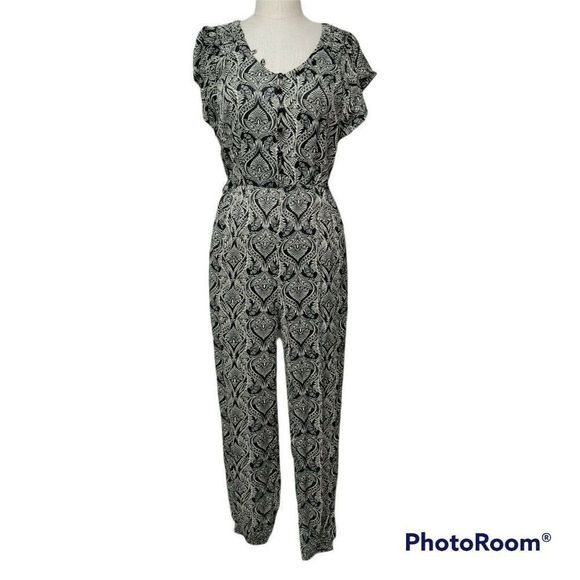 Anthropologie‎ Zadie Size 0 Black & White Filigree Jumpsuit Flutter Sleeves - Picture 1 of 12